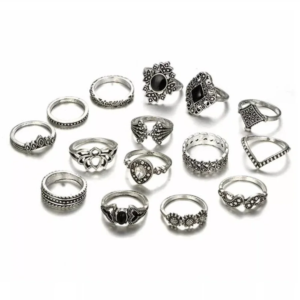 15 Piece Dark Floral Midi Ring Set